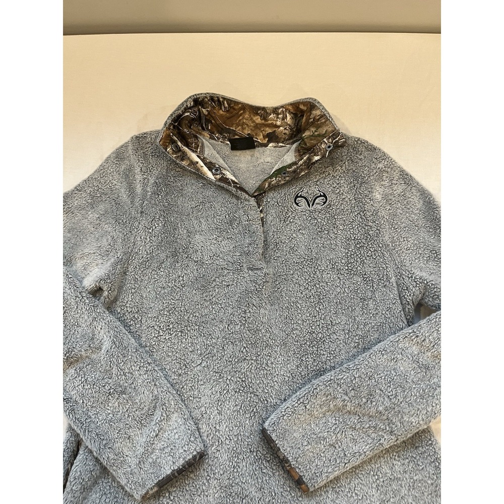 Realtree Fleece Camo Pullover Sweater Womens SMALL GREY 1/4 Button